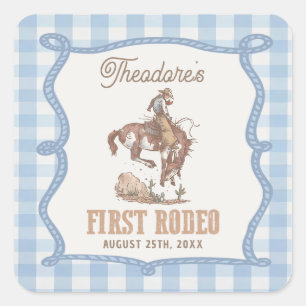 Adesivo Quadrado Aniversário de Gingham do Primeiro Rodeio Cowboy