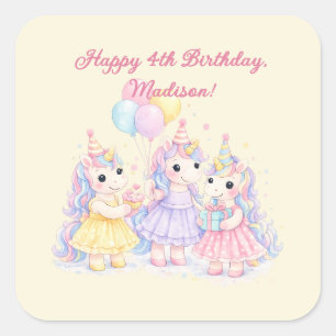 Adesivo Quadrado Aniversário de Meninas Unicórnio em Aquarela Paste