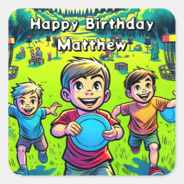 Adesivo Quadrado Aniversário de Menino Personalizado de Disc Golf  