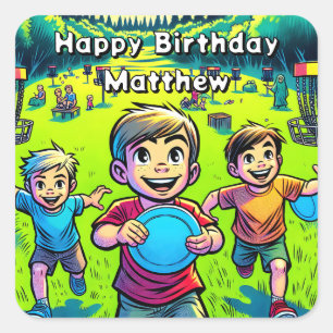 Adesivo Quadrado Aniversário de Menino Personalizado de Disc Golf