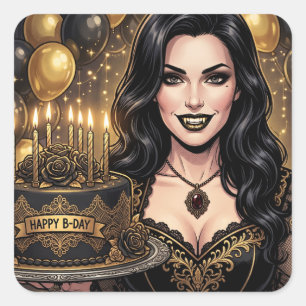Adesivo Quadrado Aniversário de Vampiro Gótico Fantasia Sombria E