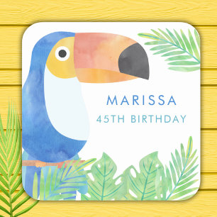 ADESIVO QUADRADO ANIVERSÁRIO DE WATERCOLOR TOUCAN