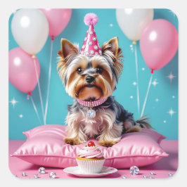 Adesivo Quadrado Aniversário de Yorkie Rosa Fofa