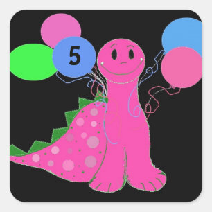 Adesivo Quadrado Aniversário Dinossauro Rosa Personalizável Idade