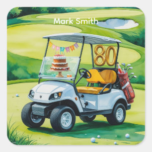Adesivo Quadrado Aniversário do 80 de Golfe com carrinho de golfe