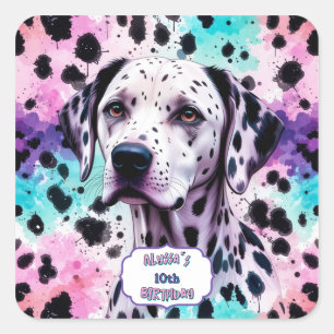 Adesivo Quadrado Aniversário do Cachorro Rosa-Rosa Turquesa Roxo