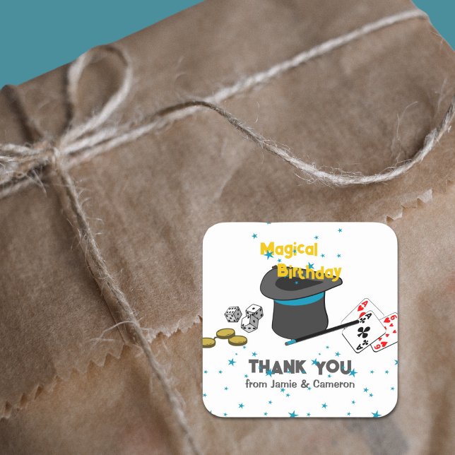 Adesivo Quadrado Aniversário do Mágico Show (Magic Show Joint Birthday Thank You from Names Square Sticker, Black-White, Blue, Custom Text, Color)