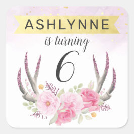 Adesivo Quadrado Aniversário do Mármaco Dourado Cor-de-rosa e borra