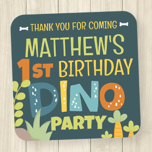 Adesivo Quadrado Aniversário do Modern Cute Dino Dinosaur Kid Obrig