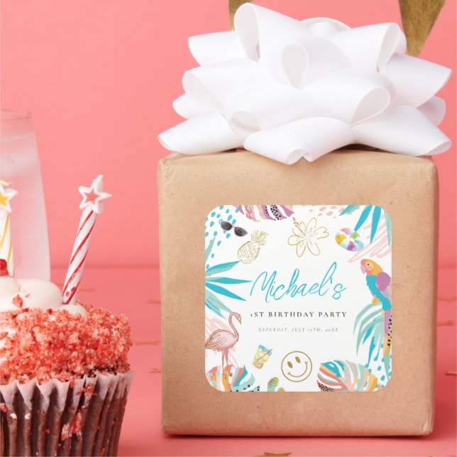 Adesivo Quadrado Aniversário do Partido da Piscina Tropical (Festa)