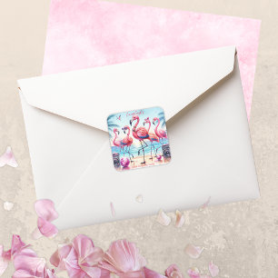 Adesivo Quadrado Aniversário do Partido Flamingle Beach do vamos