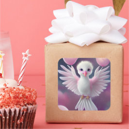 Adesivo Quadrado Aniversário do Pássaro Bebê Branco e Rosa