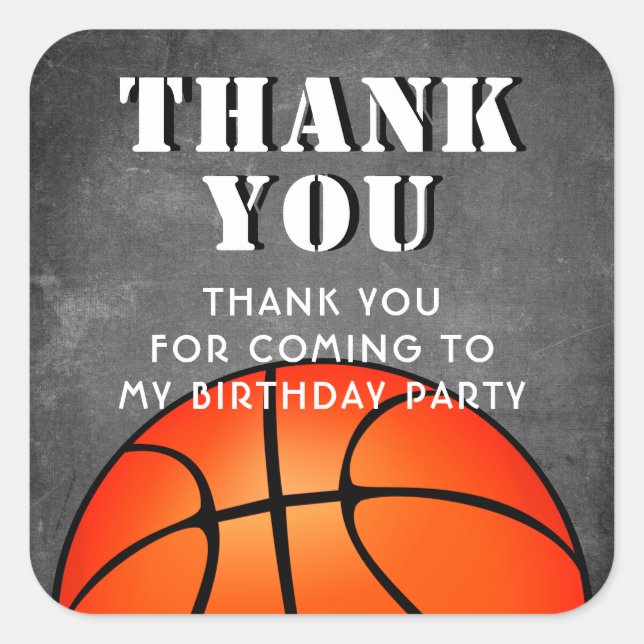 Adesivo Quadrado Aniversário do Quadro de Bola de Basquete Obrigado (Frente)