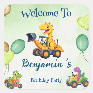 Adesivo Quadrado Aniversário do trator de dinossauro cava balão de 