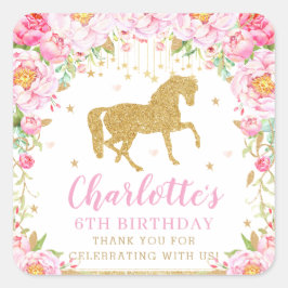 Adesivo Quadrado Aniversário Dourado Cavalo Rosa, Rosa, Agradeço