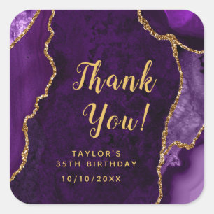 Adesivo Quadrado Aniversário Dourado e Roxo Obrigado
