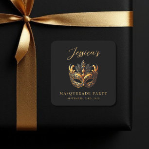 Adesivo Quadrado Aniversário Dourado mascarada Black