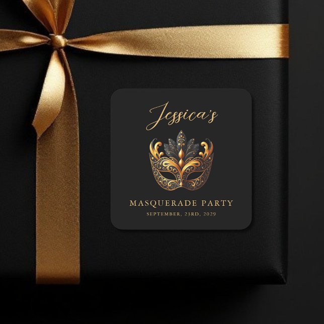 Adesivo Quadrado Aniversário Dourado mascarada Black (Criador carregado)