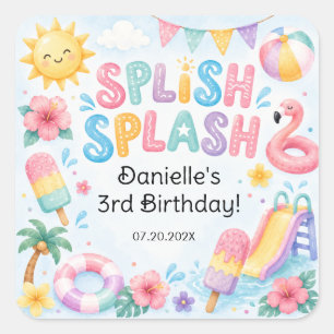 Adesivo Quadrado Aniversário Espalhafatoso de Splash de Aquarela