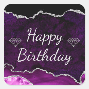 Adesivo Quadrado Aniversário Feliz em Ágata Brilhante Roxo e Prata