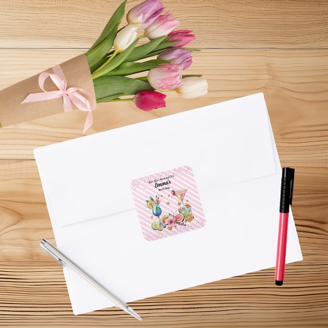 Adesivo Quadrado Aniversário Glitter de Cocktail Rosa (Criador carregado)