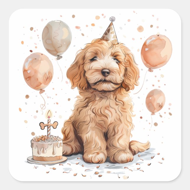 Adesivo Quadrado Aniversário Goldendoodle Cog Bolo de Aniversário (Frente)