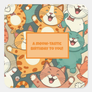 Adesivo Quadrado "Aniversário Meow-tastic" com gatos felizes