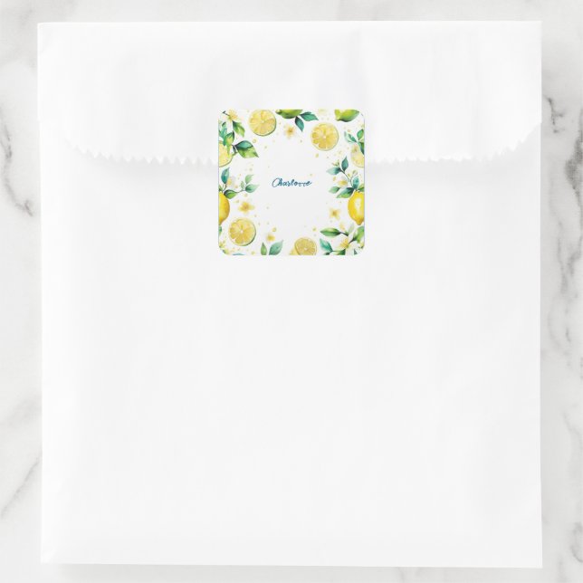 Adesivo Quadrado Aniversário moderno de limão amarelo-claro (Bolsa)