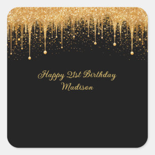Adesivo Quadrado Aniversário Personalizado com Glitter Dourado Pret