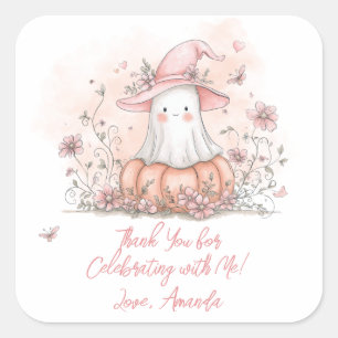 Adesivo Quadrado Aniversário Personalizado de Fantasma Fofo Agradec
