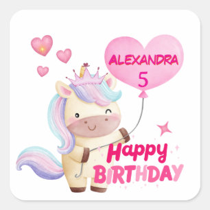 Adesivo Quadrado Aniversário Personalizado de Unicórnio