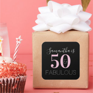 Adesivo Quadrado Aniversário Preto Rosa Personalizado 50 e Fabuloso