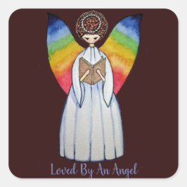 Adesivo Quadrado Anjo De Aquarela Com Asas Arco-Íris Lendo Um Livro