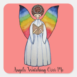 Adesivo Quadrado Anjo De Aquarela Com Asas Arco-Íris Lendo Um Livro