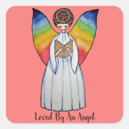 Adesivo Quadrado Anjo De Aquarela Com Asas Arco-Íris Lendo Um Livro