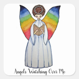 Adesivo Quadrado Anjo De Aquarela Com Asas Arco-Íris Lendo Um Livro