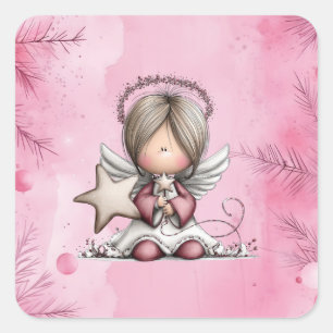 Adesivo Quadrado Anjo de Natal Rosa Caprichoso