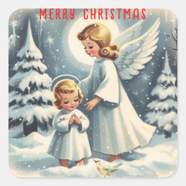 Adesivo Quadrado Anjo de Natal Vintage, Criança e Pássaro