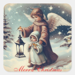 Adesivo Quadrado Anjo de Natal Vintage, Criança e Pássaros