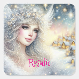 Adesivo Quadrado Anjo de Neve Festivo Branco com Aquarela Etérea e 