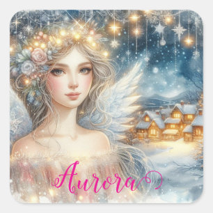 Adesivo Quadrado Anjo de Neve Festivo Dourado em Aquarela Etérea