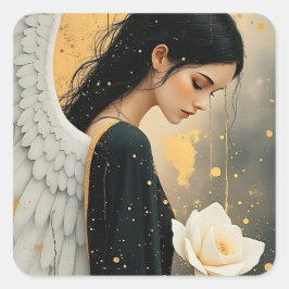 Adesivo Quadrado Anjo Gótico Lindo e Rosa Branca Celestial