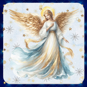 Adesivo Quadrado Anjo Natal Dourado Blue Watercolor