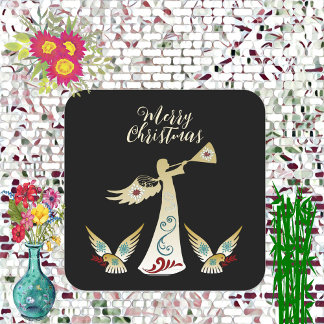 Adesivo Quadrado Anjo Natalino Trombeta Dourada Arte Decorativa