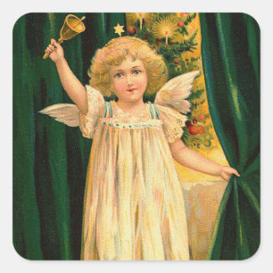Adesivo Quadrado Anjo tocando o sino de Natal Vintage