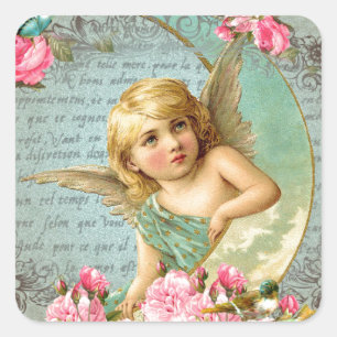 Adesivo Quadrado Anjo Vitoriano vintage rosa, antiga rosa azul