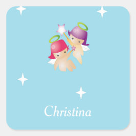 Adesivo Quadrado Anjos fofos de nome personalizado em azul
