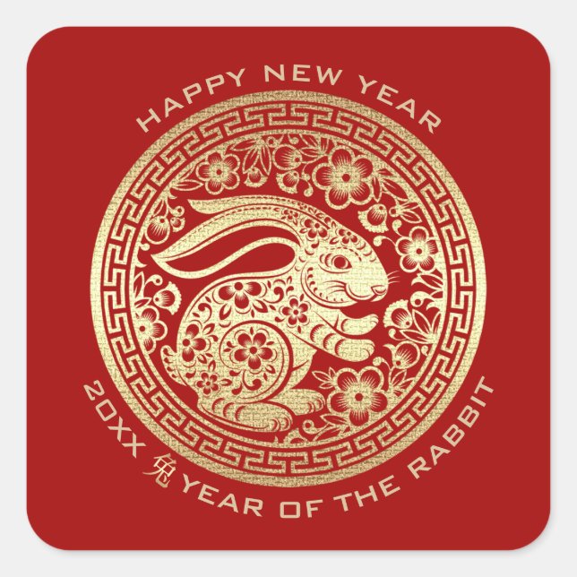 Adesivo Quadrado Ano Chinês do Ano Dourado Vermelho do Coelho (Frente)