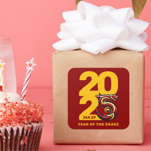 Adesivo Quadrado Ano Dourado Vermelho do Cobra de 2025 (Festa)