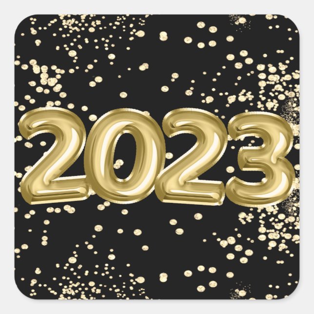 Adesivo Quadrado Ano Novo 2023 | Confetes de Balão Preto e Dourado (Frente)